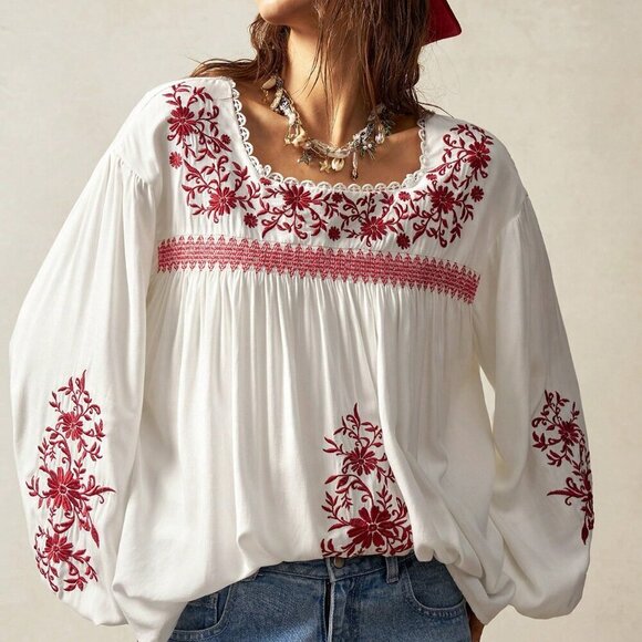 Tops - Boho Women's Bohemian Color Woven Embroidery Casual Blouse